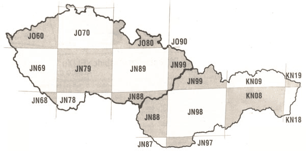 Lokátorová mapa s naznačenými velkými čtverci